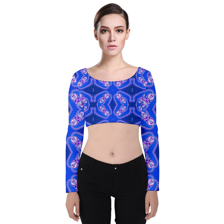 Seamless Fractal Blue Wallpaper Velvet Long Sleeve Crop Top