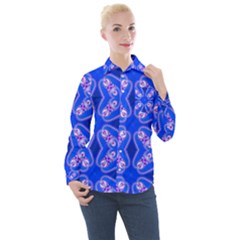 Seamless Fractal Blue Wallpaper Women s Long Sleeve Pocket Shirt