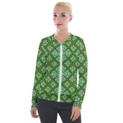 Symmetry Digital Art Pattern Green Velour Zip Up Jacket