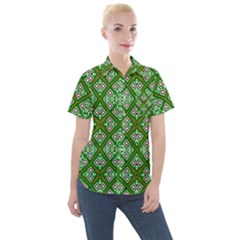 Symmetry Digital Art Pattern Green Women s Short Sleeve Pocket Shirt