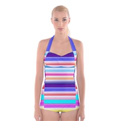 Cotton Candy Stripes Boyleg Halter Swimsuit 