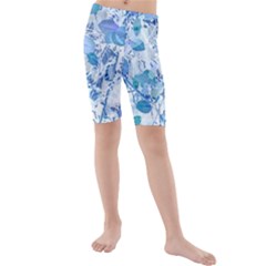 Cyan Floral Print Kids  Mid Length Swim Shorts