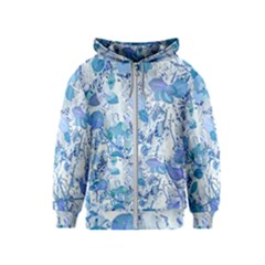 Cyan Floral Print Kids  Zipper Hoodie by dflcprintsclothing