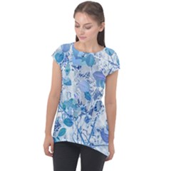 Cyan Floral Print Cap Sleeve High Low Top