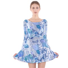 Cyan Floral Print Long Sleeve Velvet Skater Dress