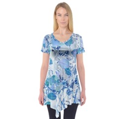 Cyan Floral Print Short Sleeve Tunic 