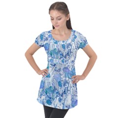 Cyan Floral Print Puff Sleeve Tunic Top