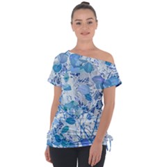 Cyan Floral Print Tie-up Tee