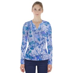 Cyan Floral Print V-neck Long Sleeve Top by dflcprintsclothing