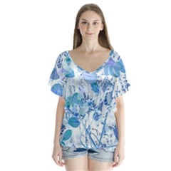 Cyan Floral Print V-neck Flutter Sleeve Top by dflcprintsclothing