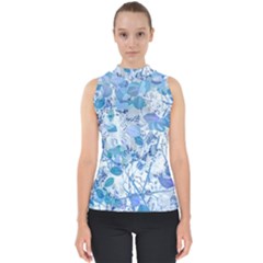 Cyan Floral Print Mock Neck Shell Top by dflcprintsclothing