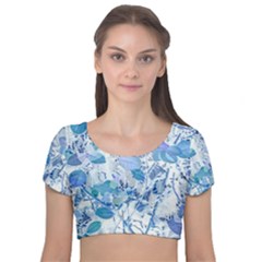 Cyan Floral Print Velvet Short Sleeve Crop Top  by dflcprintsclothing