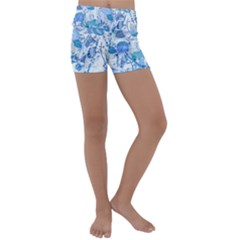 Cyan Floral Print Kids  Lightweight Velour Yoga Shorts