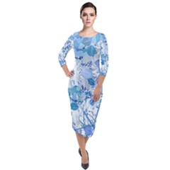 Cyan Floral Print Quarter Sleeve Midi Velour Bodycon Dress