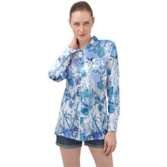 Cyan Floral Print Long Sleeve Satin Shirt