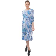 Cyan Floral Print Ruffle End Midi Chiffon Dress