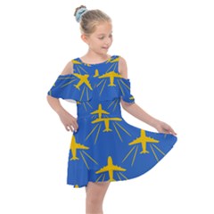 Aircraft Texture Blue Yellow Kids  Shoulder Cutout Chiffon Dress