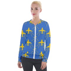 Aircraft Texture Blue Yellow Velour Zip Up Jacket by Pakrebo