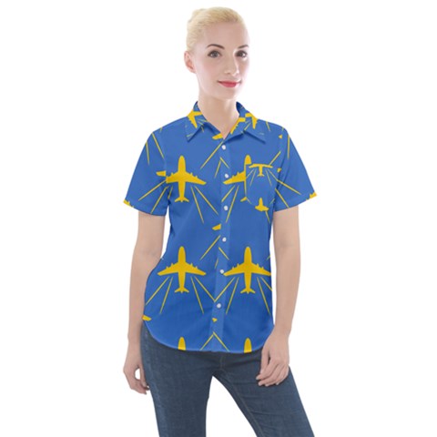 Aircraft Texture Blue Yellow Women s Short Sleeve Pocket Shirt by Pakrebo