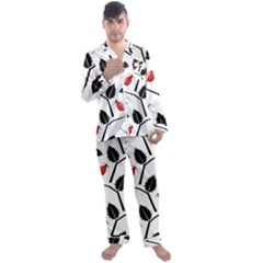 Rose Hip Pattern Branches Autumn Men s Satin Pajamas Long Pants Set