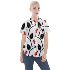 Rose Hip Pattern Branches Autumn Women s Short Sleeve Pocket Shirt