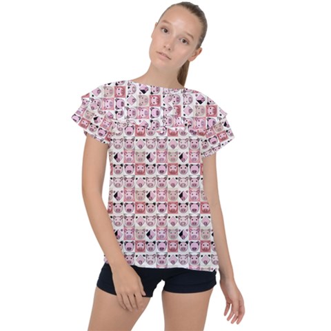 Graphic Seamless Pattern Pig Ruffle Collar Chiffon Blouse by Pakrebo