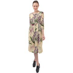 Botanical Print Antique Flora Plant Ruffle End Midi Chiffon Dress