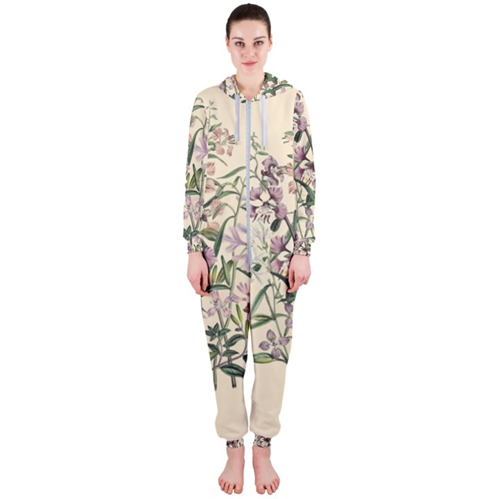 Botanical Print Antique Natural Hooded Jumpsuit (Ladies) 