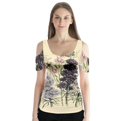 Botanical Print Antique Floral Butterfly Sleeve Cutout Tee  by Pakrebo