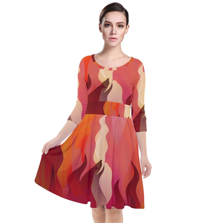 Fire Abstract Cartoon Red Hot Quarter Sleeve Waist Band Dress