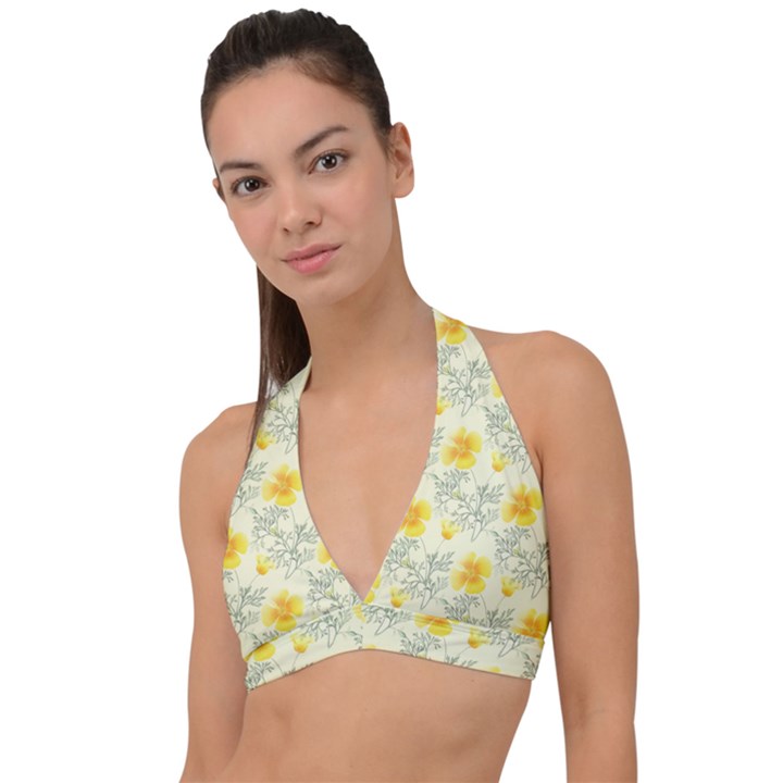 Floral Background Scrapbooking Yellow Halter Plunge Bikini Top