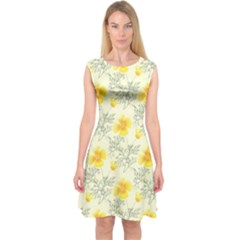 Floral Background Scrapbooking Yellow Capsleeve Midi Dress by Pakrebo