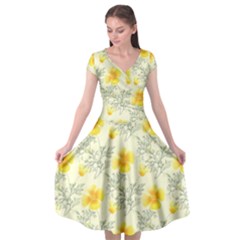 Floral Background Scrapbooking Yellow Cap Sleeve Wrap Front Dress by Pakrebo