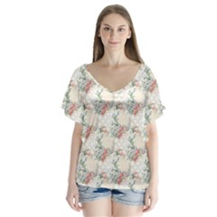 Floral Pattern Scrapbook Decorative V-neck Flutter Sleeve Top by Pakrebo