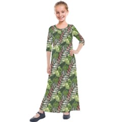 Leaves Seamless Pattern Design Kids  Quarter Sleeve Maxi Dress by Pakrebo