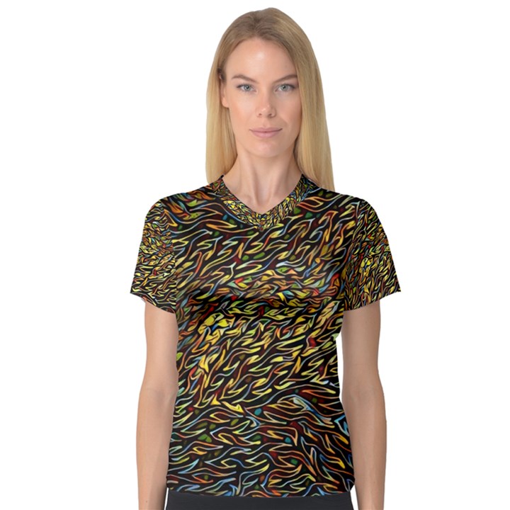 Flames Pattern Texture Gold V-Neck Sport Mesh Tee