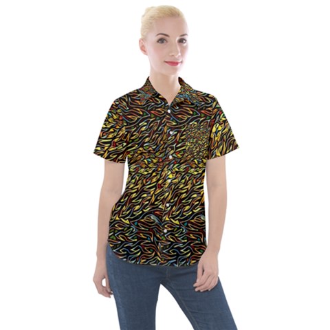 Flames Pattern Texture Gold Women s Short Sleeve Pocket Shirt by Pakrebo