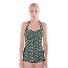 Abstract Pattern Flower Leaf Boyleg Halter Swimsuit  by Pakrebo