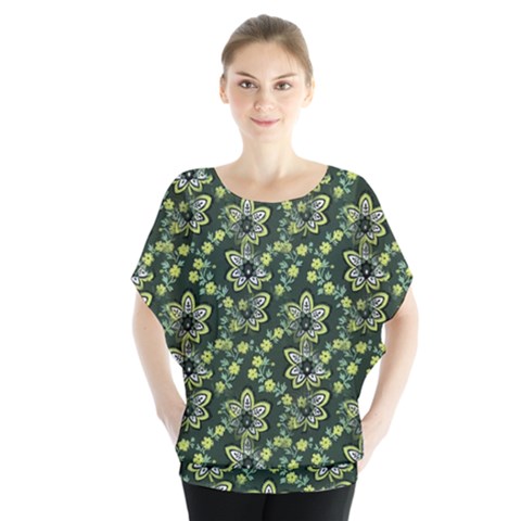 Abstract Pattern Flower Leaf Batwing Chiffon Blouse by Pakrebo