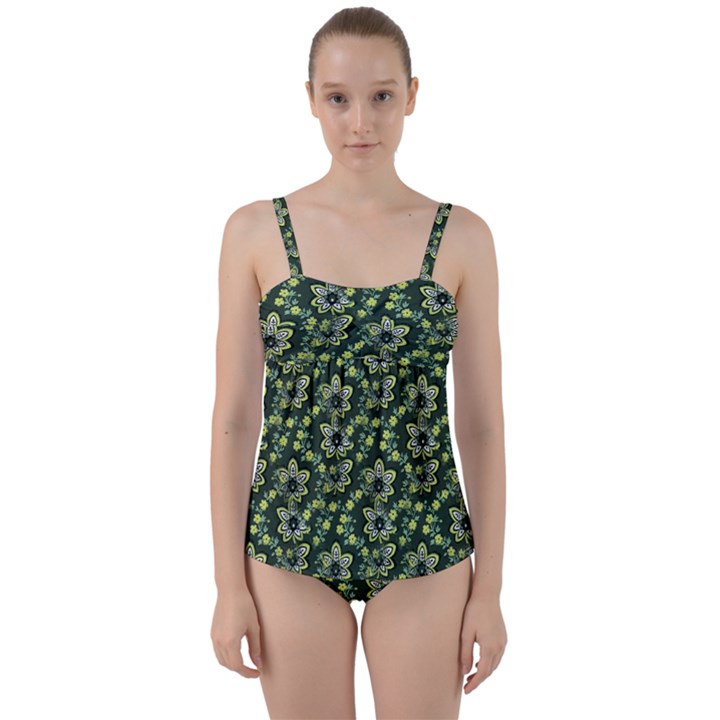 Abstract Pattern Flower Leaf Twist Front Tankini Set