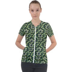 Abstract Pattern Flower Leaf Short Sleeve Zip Up Jacket