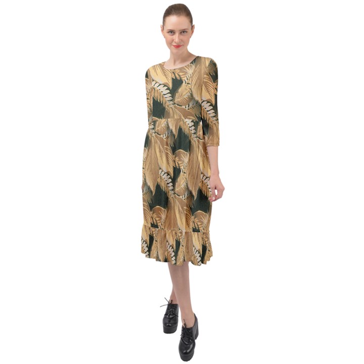 Scrapbook Leaves Decorative Ruffle End Midi Chiffon Dress