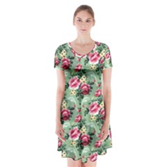 Floral Pattern Ornate Decorative Short Sleeve V-neck Flare Dress