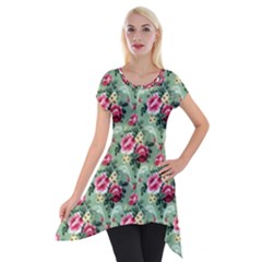 Floral Pattern Ornate Decorative Short Sleeve Side Drop Tunic by Pakrebo