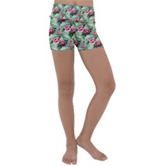 Floral Pattern Ornate Decorative Kids  Lightweight Velour Yoga Shorts by Pakrebo