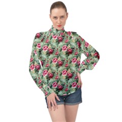 Floral Pattern Ornate Decorative High Neck Long Sleeve Chiffon Top