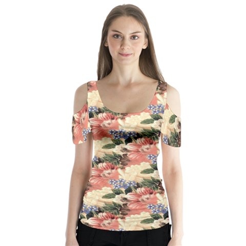 Flower Floral Decoration Pattern Butterfly Sleeve Cutout Tee  by Pakrebo