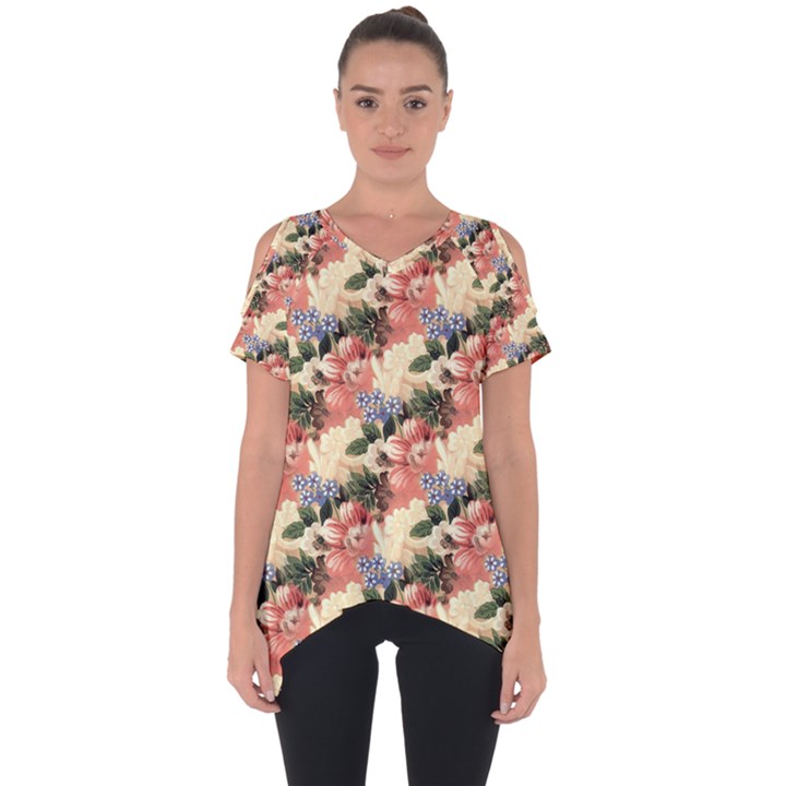 Flower Floral Decoration Pattern Cut Out Side Drop Tee