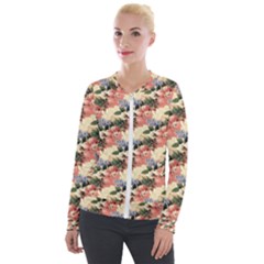 Flower Floral Decoration Pattern Velour Zip Up Jacket