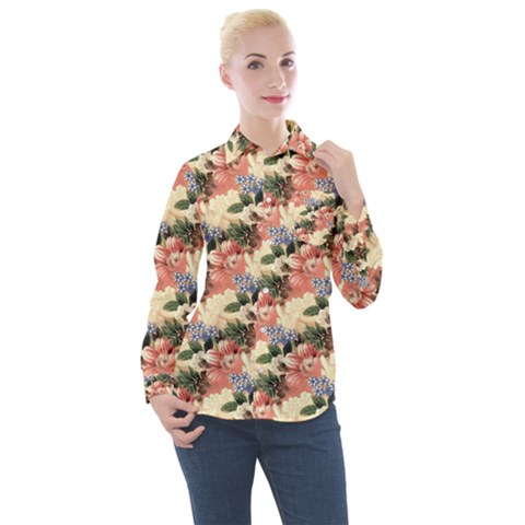 Flower Floral Decoration Pattern Women s Long Sleeve Pocket Shirt by Pakrebo